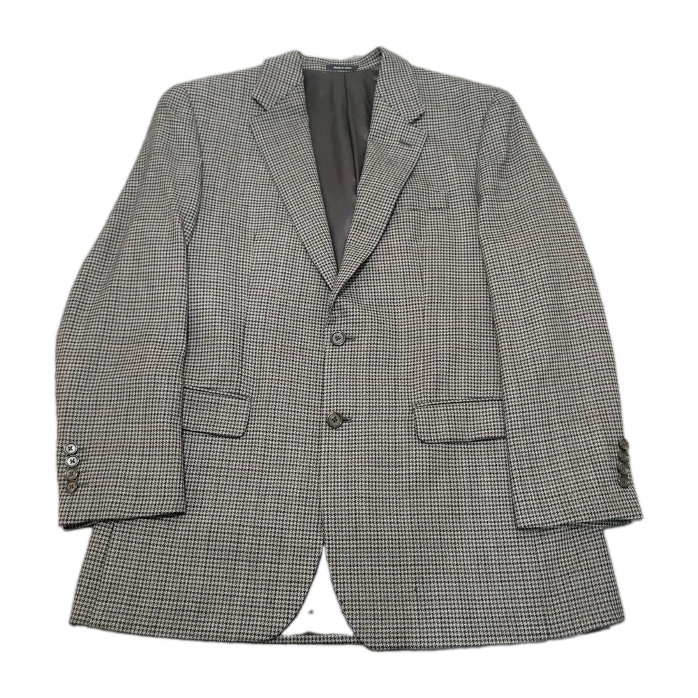 Vtg Ralph Ralph Lauren Sport Coat Jacket 40L 100% Wool Houndstooth Plaid Grey